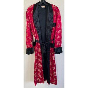 Longevity Vintage Japanese Kimono Satin Robe Red Black Gold Dragons Size 46